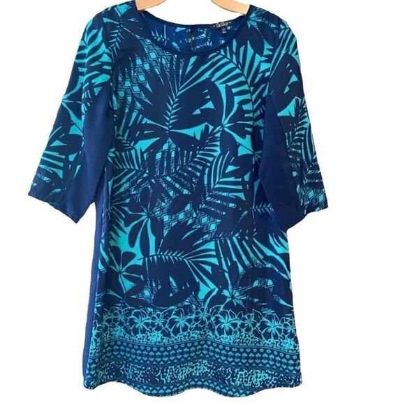 BeBop S Blue Turquoise Tropical Tahitian Palm Leaves Summer Shift Dress - Picture 1 of 11